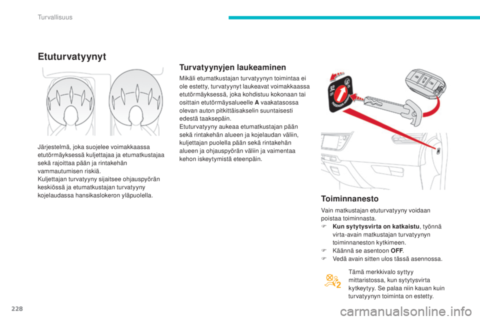 CITROEN C4 PICASSO 2015  Omistajan Käsikirjat (in Finnish) 228
C4-Picasso-II_fi_Chap06_securite_ed01-2014
Toiminnanesto
tämä merkkivalo syttyy 
m ittaristossa, kun sytytysvirta 
kytkeytyy. 
se pala

a niin kauan kuin 
turvatyynyn toiminta on estetty.
Etutur
