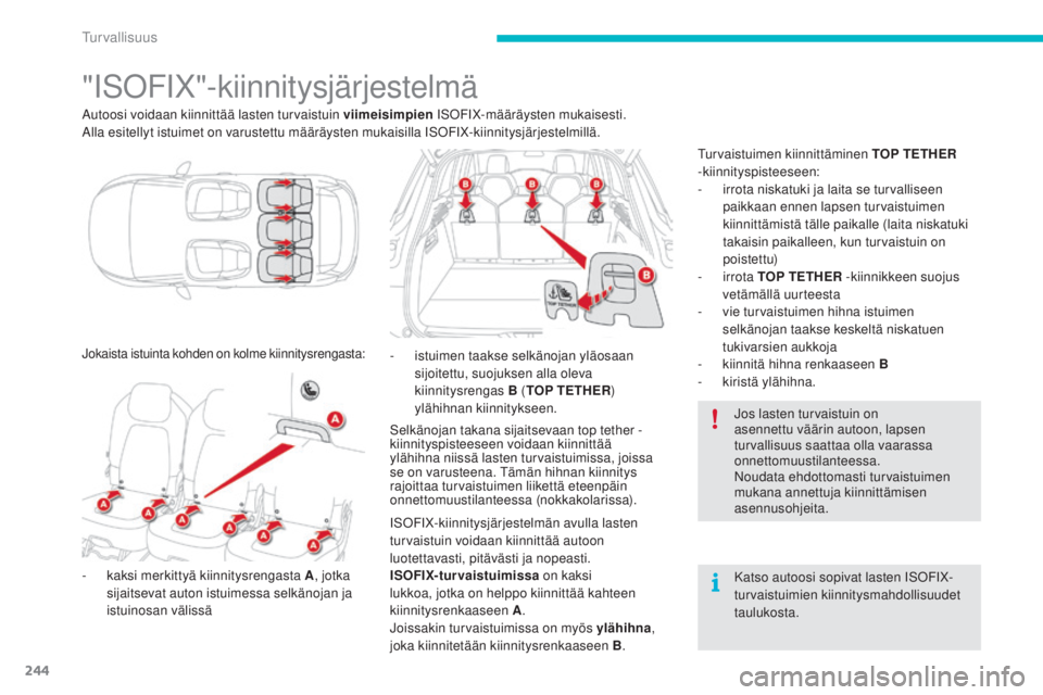 CITROEN C4 PICASSO 2015  Omistajan Käsikirjat (in Finnish) 244
C4-Picasso-II_fi_Chap06_securite_ed01-2014
"isofiX"-kiinnitysjärjestelmä
autoosi voidaan kiinnittää lasten turvaistuin viimeisimpien i sofiX- määräysten mukaisesti.alla e
sitellyt i