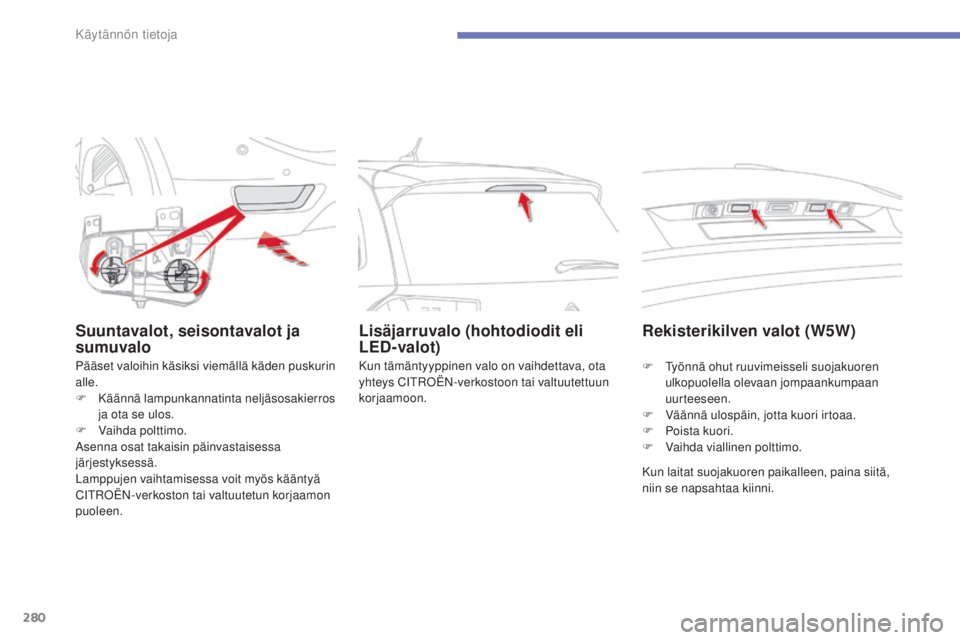 CITROEN C4 PICASSO 2015  Omistajan Käsikirjat (in Finnish) 280
C4-Picasso-II_fi_Chap07_info-pratiques_ed01-2014
Suuntavalot, seisontavalot ja 
sumuvalo
Pääset valoihin käsiksi viemällä käden puskurin 
alle.
F
 Kä
ännä lampunkannatinta neljäsosakierr