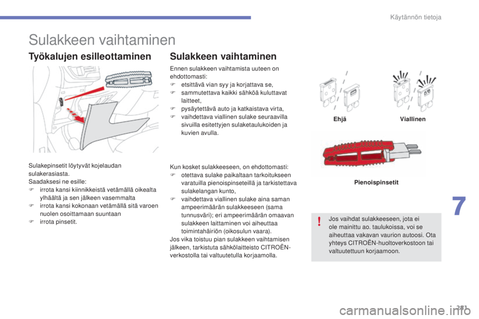 CITROEN C4 PICASSO 2015  Omistajan Käsikirjat (in Finnish) 281
C4-Picasso-II_fi_Chap07_info-pratiques_ed01-2014
ennen sulakkeen vaihtamista uuteen on 
eh dottomasti:
F
 et

sittävä vian syy ja korjattava se,
F
 sa

mmutettava kaikki sähköä kuluttavat 
la