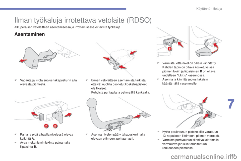 CITROEN C4 PICASSO 2015  Omistajan Käsikirjat (in Finnish) 295
C4-Picasso-II_fi_Chap07_info-pratiques_ed01-2014
ilman työkaluja irrotettava vetolaite (rdso)
Asentaminen
F  vapauta ja irrota suojus takapuskurin alla 
o levasta pitimestä. F 
enn en vetolaitte