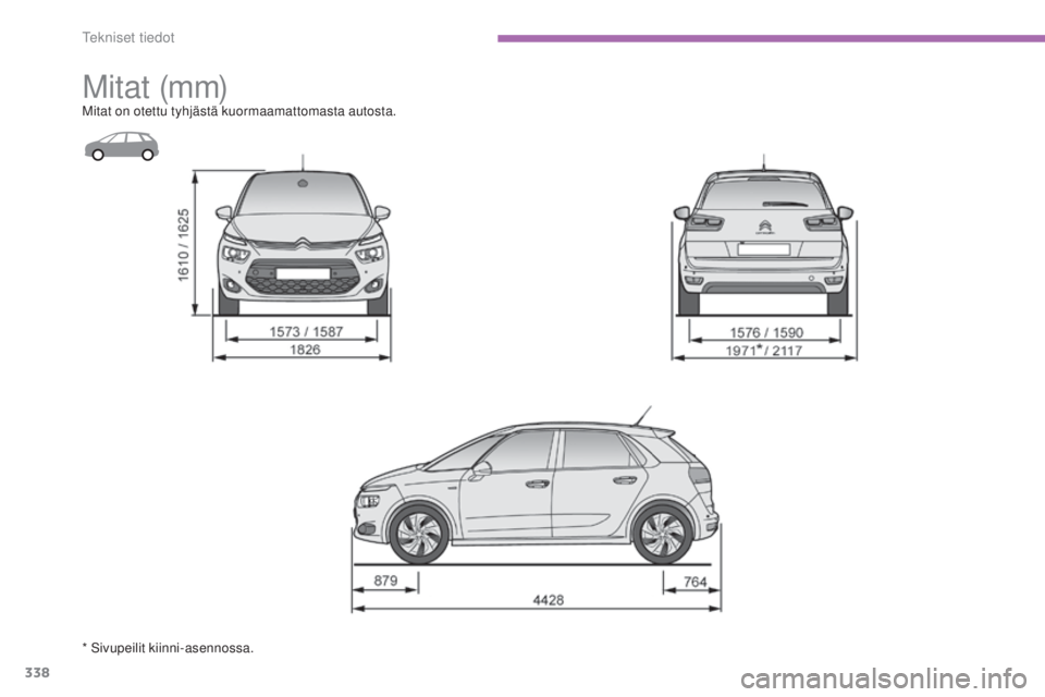 CITROEN C4 PICASSO 2015  Omistajan Käsikirjat (in Finnish) 338
C4-Picasso-II_fi_Chap09_caracteristiques-techniques_ed01-2014
M i t at  (m m)Mitat on otettu tyhjästä kuormaamattomasta autosta.
* 
siv
upeilit kiinni-asennossa. 
tekniset tiedot  