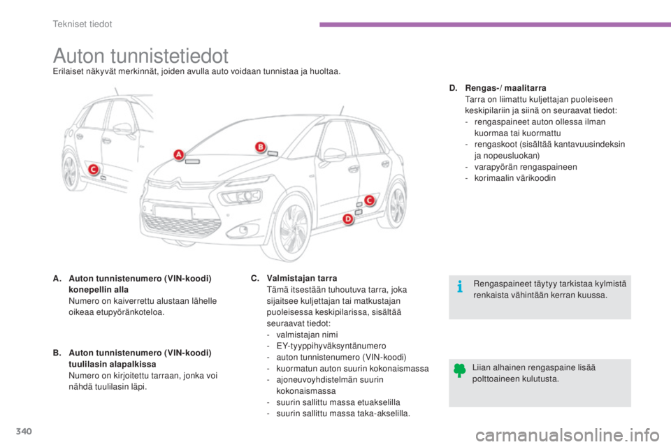 CITROEN C4 PICASSO 2015  Omistajan Käsikirjat (in Finnish) 340
C4-Picasso-II_fi_Chap09_caracteristiques-techniques_ed01-2014
auton tunnistetiedoterilaiset näkyvät merkinnät, joiden avulla auto voidaan tunnistaa ja huoltaa.
A.
 Au
 ton tunnistenumero (VIN-k