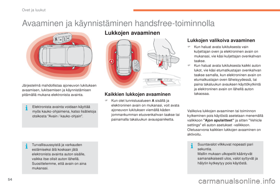 CITROEN C4 PICASSO 2015  Omistajan Käsikirjat (in Finnish) 54
C4-Picasso-II_fi_Chap02_ouvertures_ed01-2014
järjestelmä mahdollistaa ajoneuvon lukituksen 
a vaamisen, lukitsemisen ja käynnistämisen 
pitämällä mukana elektronista avainta.
tur

vallisuuss