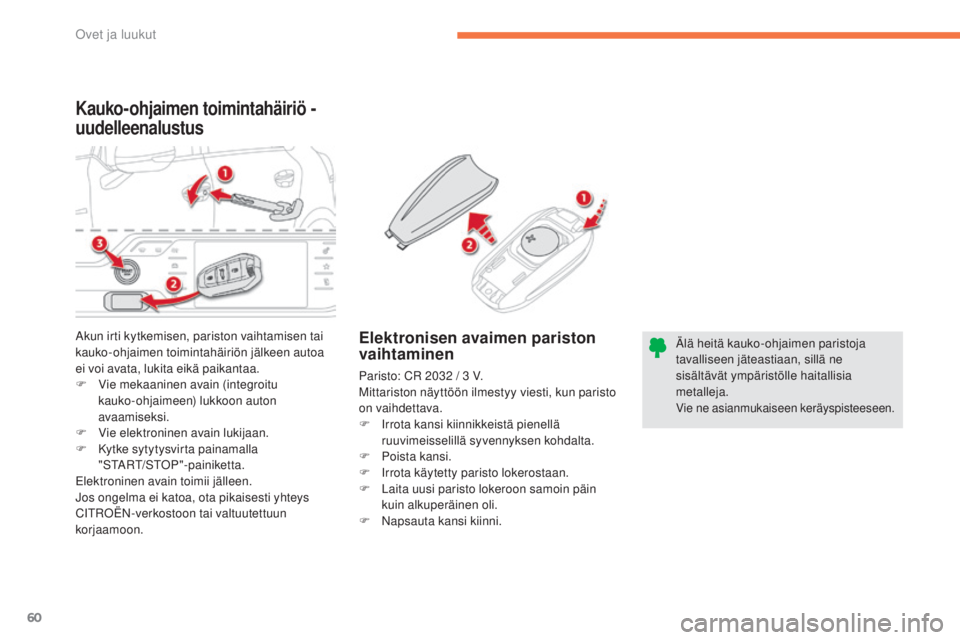 CITROEN C4 PICASSO 2015  Omistajan Käsikirjat (in Finnish) 60
C4-Picasso-II_fi_Chap02_ouvertures_ed01-2014
Kauko-ohjaimen toimintahäiriö - 
uudelleenalustus
Elektronisen avaimen pariston 
vaihtaminen
Paristo: Cr 2032 / 3 v.
Mi ttariston näyttöön ilmestyy