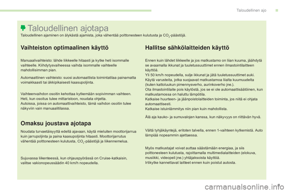 CITROEN C4 PICASSO 2016  Omistajan Käsikirjat (in Finnish) 9
C4-Picasso-II_fi_Chap00c_eco-conduite_ed01-2016
Vaihteiston optimaalinen käyttö
Manuaalivaihteisto: lähde liikkeelle hitaasti ja kytke heti isommalle 
vaihteelle. Kiihdytysvaiheessa vaihda isomma
