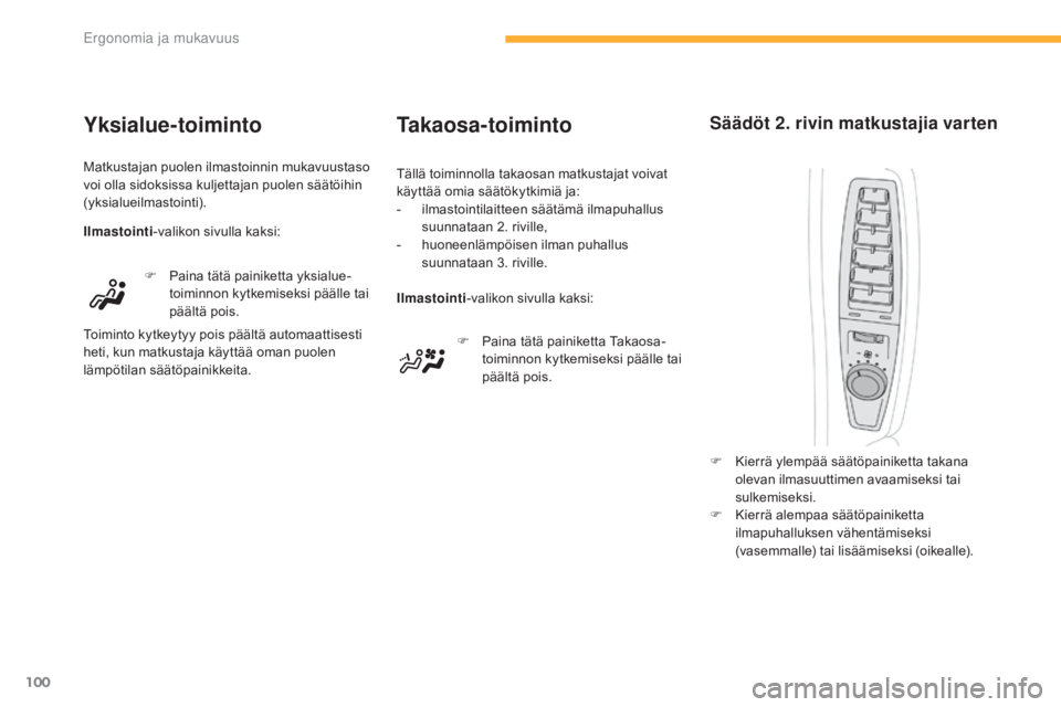 CITROEN C4 PICASSO 2016  Omistajan Käsikirjat (in Finnish) 100
C4-Picasso-II_fi_Chap03_ergonomie-confort_ed01-2016
Takaosa-toiminto
F Paina tätä painiketta Takaosa-toiminnon kytkemiseksi päälle tai 
päältä pois.
Ilmastointi
-valikon sivulla kaksi:
Täl