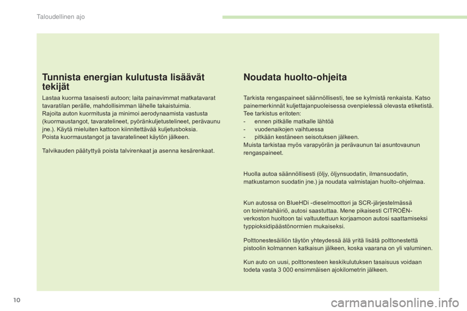 CITROEN C4 PICASSO 2016  Omistajan Käsikirjat (in Finnish) 10
C4-Picasso-II_fi_Chap00c_eco-conduite_ed01-2016
Tunnista energian kulutusta lisäävät 
tekijät
Lastaa kuorma tasaisesti autoon; laita painavimmat matkatavarat 
tavaratilan perälle, mahdollisimm