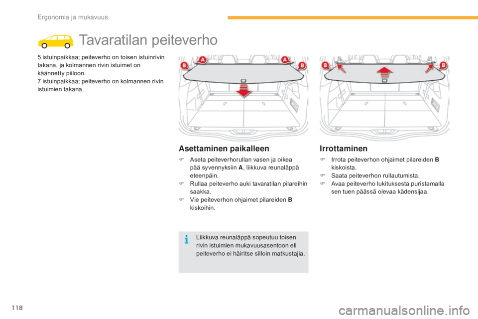 CITROEN C4 PICASSO 2016  Omistajan Käsikirjat (in Finnish) 118
C4-Picasso-II_fi_Chap03_ergonomie-confort_ed01-2016
Tavaratilan peiteverho
5 istuinpaikkaa; peiteverho on toisen istuinrivin 
t akana, ja kolmannen rivin istuimet on 
käännetty piiloon.
7
  istu