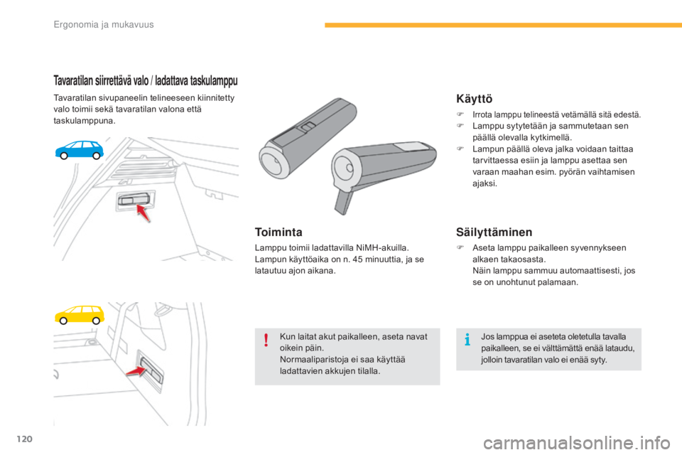CITROEN C4 PICASSO 2016 Omistajan Käsikirjat (in Finnish) 120
C4-Picasso-II_fi_Chap03_ergonomie-confort_ed01-2016
Tavaratilan siirrettävä valo / ladattava taskulamppu
Tavaratilan sivupaneelin telineeseen kiinnitetty
valo toimii sekä tavaratilan valona et CITROEN C4 PICASSO 2016 Omistajan Käsikirjat (in Finnish) 120
C4-Picasso-II_fi_Chap03_ergonomie-confort_ed01-2016
Tavaratilan siirrettävä valo / ladattava taskulamppu
Tavaratilan sivupaneelin telineeseen kiinnitetty
valo toimii sekä tavaratilan valona et