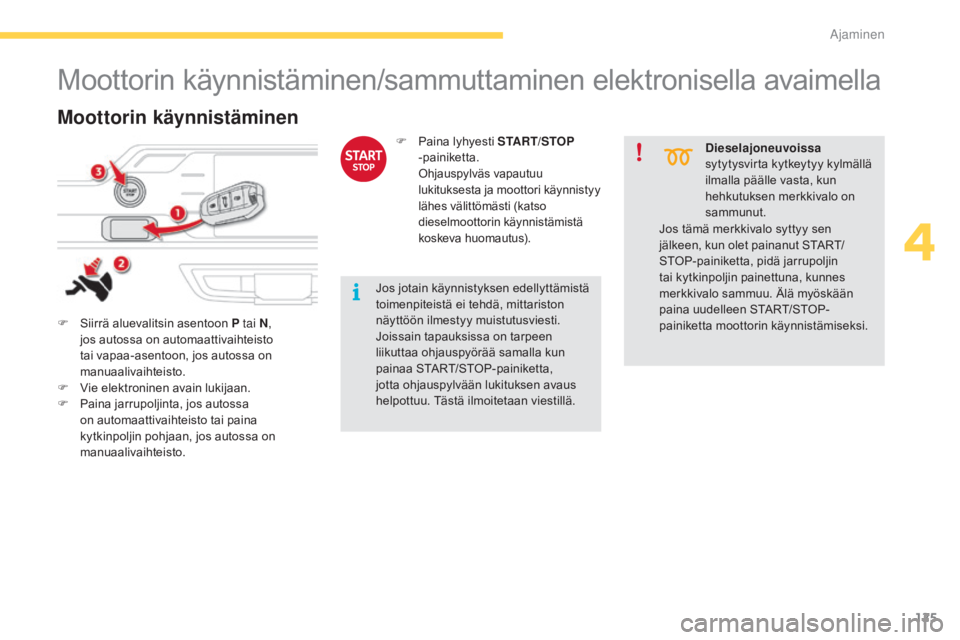 CITROEN C4 PICASSO 2016 Omistajan Käsikirjat (in Finnish) 125
C4-Picasso-II_fi_Chap04_conduite_ed01-2016
Moottorin käynnistäminen/sammuttaminen elektronisella avaimella
F Siirrä aluevalitsin asentoon P tai N,
jos autossa on automaattivaihteisto
tai vapa CITROEN C4 PICASSO 2016 Omistajan Käsikirjat (in Finnish) 125
C4-Picasso-II_fi_Chap04_conduite_ed01-2016
Moottorin käynnistäminen/sammuttaminen elektronisella avaimella
F Siirrä aluevalitsin asentoon P tai N,
jos autossa on automaattivaihteisto
tai vapa