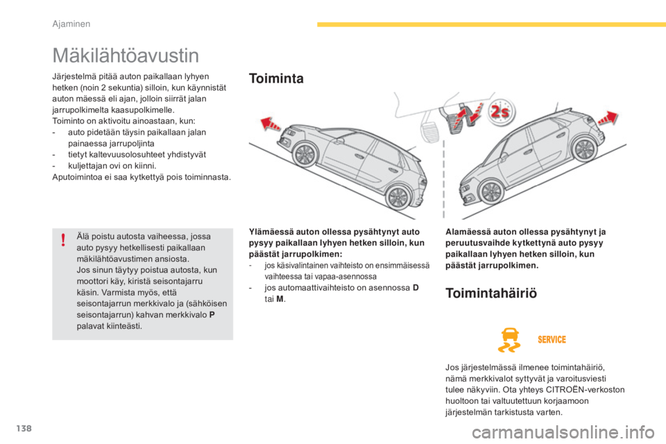 CITROEN C4 PICASSO 2016 Omistajan Käsikirjat (in Finnish) 138
C4-Picasso-II_fi_Chap04_conduite_ed01-2016
Mäkilähtöavustin
Järjestelmä pitää auton paikallaan lyhyen
hetken (noin 2 sekuntia) silloin, kun käynnistät
auton mäessä eli ajan, jolloin CITROEN C4 PICASSO 2016 Omistajan Käsikirjat (in Finnish) 138
C4-Picasso-II_fi_Chap04_conduite_ed01-2016
Mäkilähtöavustin
Järjestelmä pitää auton paikallaan lyhyen
hetken (noin 2 sekuntia) silloin, kun käynnistät
auton mäessä eli ajan, jolloin