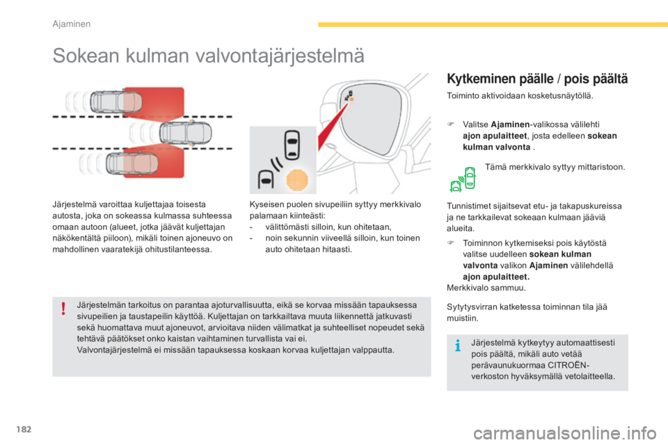 CITROEN C4 PICASSO 2016 Omistajan Käsikirjat (in Finnish) 182
C4-Picasso-II_fi_Chap04_conduite_ed01-2016
Sokean kulman valvontajärjestelmä
Kytkeminen päälle / pois päältä
Kyseisen puolen sivupeiliin syttyy merkkivalo
palamaan kiinteästi:
-
v
älit CITROEN C4 PICASSO 2016 Omistajan Käsikirjat (in Finnish) 182
C4-Picasso-II_fi_Chap04_conduite_ed01-2016
Sokean kulman valvontajärjestelmä
Kytkeminen päälle / pois päältä
Kyseisen puolen sivupeiliin syttyy merkkivalo
palamaan kiinteästi:
-
v
älit