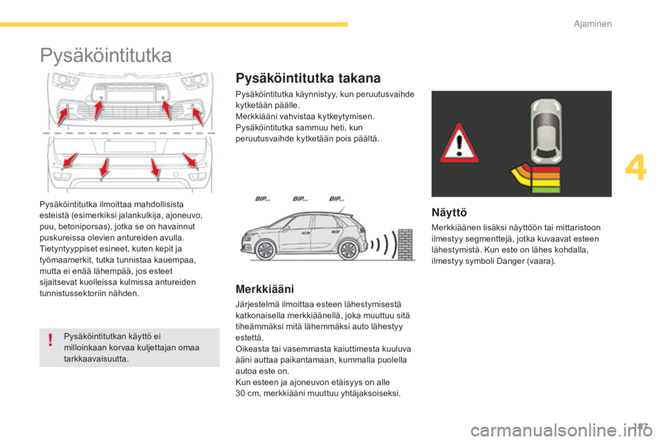 CITROEN C4 PICASSO 2016 Omistajan Käsikirjat (in Finnish) 187
C4-Picasso-II_fi_Chap04_conduite_ed01-2016
Pysäköintitutka ilmoittaa mahdollisista
esteistä (esimerkiksi jalankulkija, ajoneuvo,
puu, betoniporsas), jotka se on havainnut
puskureissa olevien CITROEN C4 PICASSO 2016 Omistajan Käsikirjat (in Finnish) 187
C4-Picasso-II_fi_Chap04_conduite_ed01-2016
Pysäköintitutka ilmoittaa mahdollisista
esteistä (esimerkiksi jalankulkija, ajoneuvo,
puu, betoniporsas), jotka se on havainnut
puskureissa olevien
