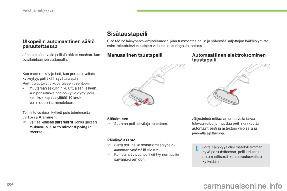 CITROEN C4 PICASSO 2016  Omistajan Käsikirjat (in Finnish) 204
C4-Picasso-II_fi_Chap05_eclairage-visibilite_ed01-2016
Sisätaustapeili
Sisältää häikäisynesto-ominaisuuden, joka tummentaa peilin ja vähentää kuljettajan häikäistymistä 
esim. takaatul