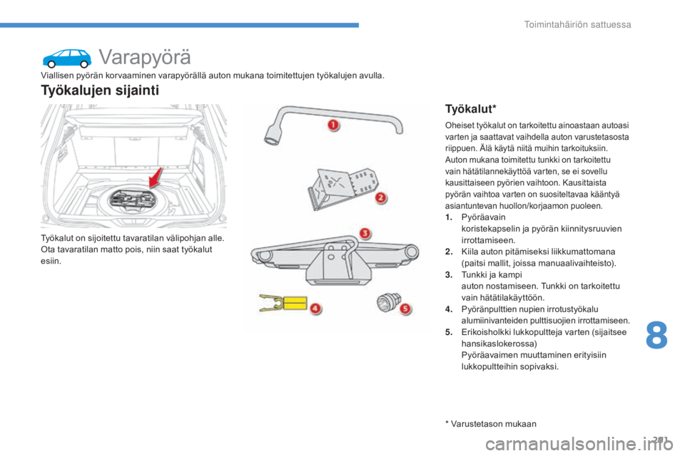 CITROEN C4 PICASSO 2016 Omistajan Käsikirjat (in Finnish) 291
C4-Picasso-II_fi_Chap08_en-cas-panne_ed01-2016
Varapyörä
Työkalut on sijoitettu tavaratilan välipohjan alle.
Ota tavaratilan matto pois, niin saat työkalut
esiin.
Työkalujen sijainti
Ty ö CITROEN C4 PICASSO 2016 Omistajan Käsikirjat (in Finnish) 291
C4-Picasso-II_fi_Chap08_en-cas-panne_ed01-2016
Varapyörä
Työkalut on sijoitettu tavaratilan välipohjan alle.
Ota tavaratilan matto pois, niin saat työkalut
esiin.
Työkalujen sijainti
Ty ö