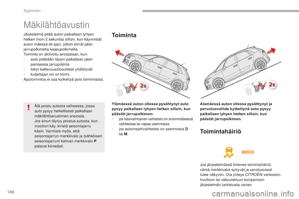 CITROEN C4 PICASSO 2018 Omistajan Käsikirjat (in Finnish) 140
C4-Picasso-II_fi_Chap04_conduite_ed02-2016
Mäkilähtöavustin
Järjestelmä pitää auton paikallaan lyhyen
hetken (noin 2 sekuntia) silloin, kun käynnistät
auton mäessä eli ajan, jolloin CITROEN C4 PICASSO 2018 Omistajan Käsikirjat (in Finnish) 140
C4-Picasso-II_fi_Chap04_conduite_ed02-2016
Mäkilähtöavustin
Järjestelmä pitää auton paikallaan lyhyen
hetken (noin 2 sekuntia) silloin, kun käynnistät
auton mäessä eli ajan, jolloin