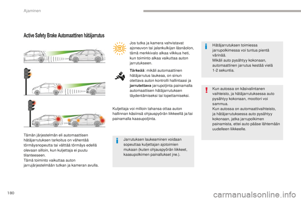 CITROEN C4 PICASSO 2018 Omistajan Käsikirjat (in Finnish) 180
C4-Picasso-II_fi_Chap04_conduite_ed02-2016
Active Safety Brake Automaattinen hätäjarrutus
Tämän järjestelmän eli automaattisen
hätäjarrutuksen tarkoitus on vähentää
törmäysnopeutta CITROEN C4 PICASSO 2018 Omistajan Käsikirjat (in Finnish) 180
C4-Picasso-II_fi_Chap04_conduite_ed02-2016
Active Safety Brake Automaattinen hätäjarrutus
Tämän järjestelmän eli automaattisen
hätäjarrutuksen tarkoitus on vähentää
törmäysnopeutta