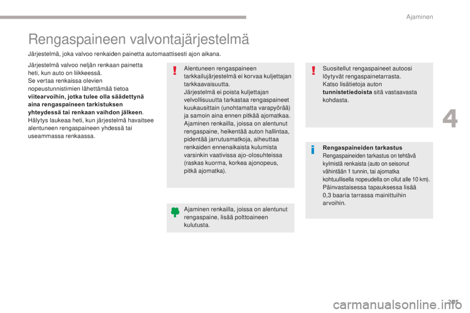 CITROEN C4 PICASSO 2018 Omistajan Käsikirjat (in Finnish) 205
C4-Picasso-II_fi_Chap04_conduite_ed02-2016
Rengaspaineen valvontajärjestelmä
Järjestelmä valvoo neljän renkaan painetta
heti, kun auto on liikkeessä.
Se vertaa renkaissa olevien
nopeustunn CITROEN C4 PICASSO 2018 Omistajan Käsikirjat (in Finnish) 205
C4-Picasso-II_fi_Chap04_conduite_ed02-2016
Rengaspaineen valvontajärjestelmä
Järjestelmä valvoo neljän renkaan painetta
heti, kun auto on liikkeessä.
Se vertaa renkaissa olevien
nopeustunn