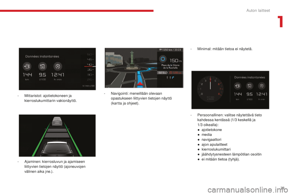 CITROEN C4 PICASSO 2018  Omistajan Käsikirjat (in Finnish) 21
C4-Picasso-II_fi_Chap01_instruments-bord_ed02-2016
- Ajaminen: kierrosluvun ja ajamiseen liittyvien tietojen näyttö (ajoneuvojen 
välinen aika jne.). -
 
N
 avigointi: meneillään olevaan 
opas