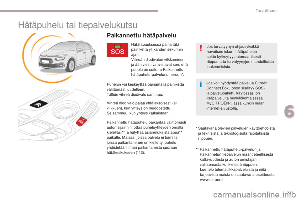 CITROEN C4 PICASSO 2018  Omistajan Käsikirjat (in Finnish) 231
C4-Picasso-II_fi_Chap06_securite_ed02-2016
Hätäpuhelu tai tiepalvelukutsu
Hätätapauksessa paina tätä 
painiketta yli kahden sekunnin 
ajan.
Vihreän diodivalon vilkkuminen 
ja ääniviesti v