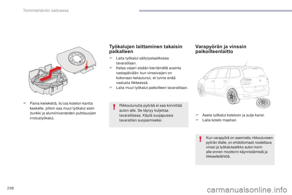 CITROEN C4 PICASSO 2018  Omistajan Käsikirjat (in Finnish) 298
C4-Picasso-II_fi_Chap08_en-cas-panne_ed02-2016
Rikkoutunutta pyörää ei saa kiinnittää 
auton alle. Se täytyy kuljettaa 
tavaratilassa. Käytä suojapussia 
tavaratilan suojaamiseksi.
F
 P
ai