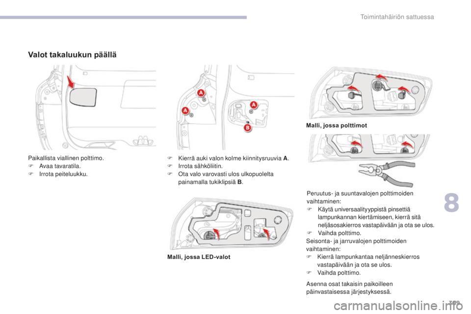 CITROEN C4 PICASSO 2018  Omistajan Käsikirjat (in Finnish) 309
C4-Picasso-II_fi_Chap08_en-cas-panne_ed02-2016
Valot takaluukun päällä
Seisonta- ja jarruvalojen polttimoiden 
vaihtaminen:
F 
K
 ierrä lampunkantaa neljänneskierros 
vastapäivään ja ota s