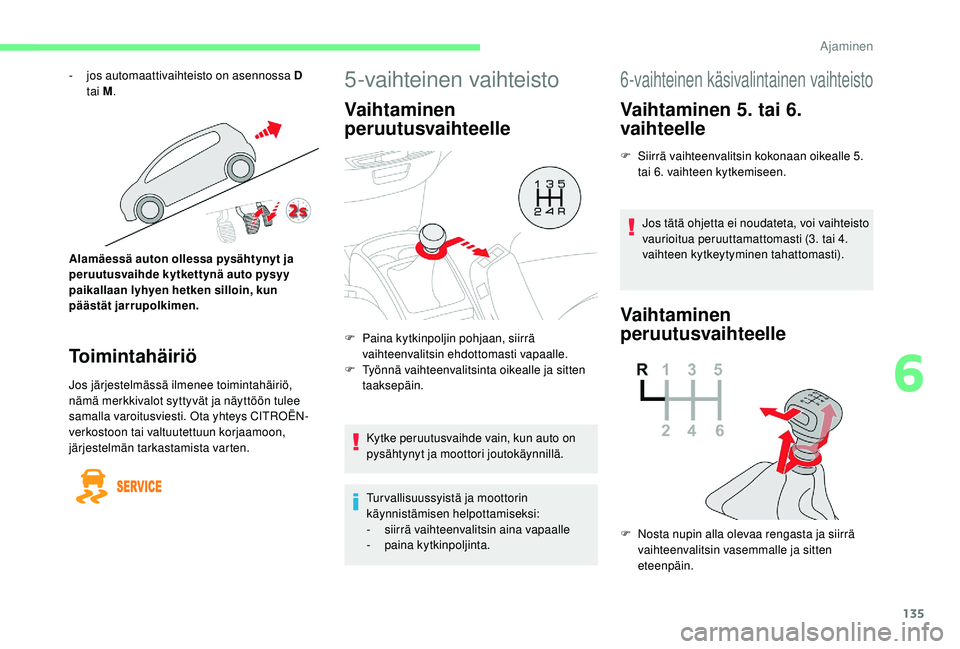 CITROEN C4 PICASSO 2021 Omistajan Käsikirjat (in Finnish) 135
5-vaihteinen vaihteisto
Vaihtaminen
peruutusvaihteelle
Kytke peruutusvaihde vain, kun auto on
pysähtynyt ja moottori joutokäynnillä.
Tur vallisuussyistä ja moottorin
käynnistämisen helpot CITROEN C4 PICASSO 2021 Omistajan Käsikirjat (in Finnish) 135
5-vaihteinen vaihteisto
Vaihtaminen
peruutusvaihteelle
Kytke peruutusvaihde vain, kun auto on
pysähtynyt ja moottori joutokäynnillä.
Tur vallisuussyistä ja moottorin
käynnistämisen helpot