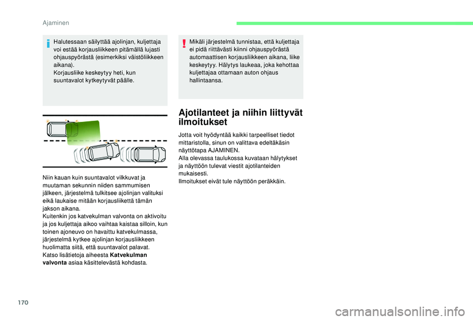 CITROEN C4 PICASSO 2021 Omistajan Käsikirjat (in Finnish) 170
Halutessaan säilyttää ajolinjan, kuljettaja
voi estää korjausliikkeen pitämällä lujasti
ohjauspyörästä (esimerkiksi väistöliikkeen
aikana).
Korjausliike keskeytyy heti, kun
suunta CITROEN C4 PICASSO 2021 Omistajan Käsikirjat (in Finnish) 170
Halutessaan säilyttää ajolinjan, kuljettaja
voi estää korjausliikkeen pitämällä lujasti
ohjauspyörästä (esimerkiksi väistöliikkeen
aikana).
Korjausliike keskeytyy heti, kun
suunta