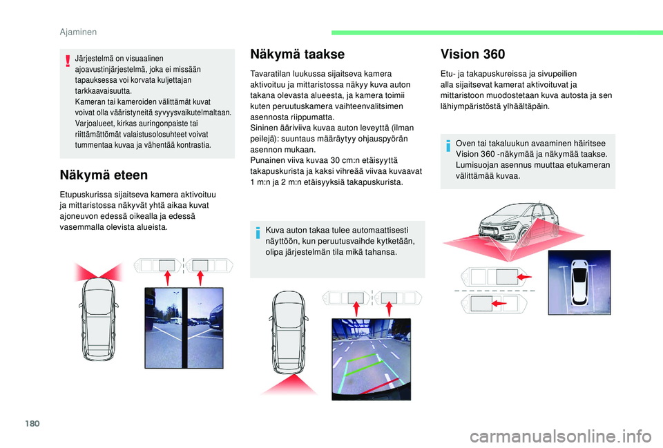 CITROEN C4 PICASSO 2021 Omistajan Käsikirjat (in Finnish) 180
Järjestelmä on visuaalinen
ajoavustinjärjestelmä, joka ei missään
tapauksessa voi kor vata kuljettajan
tarkkaavaisuutta.
Kameran tai kameroiden välittämät kuvat
voivat olla vääristy CITROEN C4 PICASSO 2021 Omistajan Käsikirjat (in Finnish) 180
Järjestelmä on visuaalinen
ajoavustinjärjestelmä, joka ei missään
tapauksessa voi kor vata kuljettajan
tarkkaavaisuutta.
Kameran tai kameroiden välittämät kuvat
voivat olla vääristy