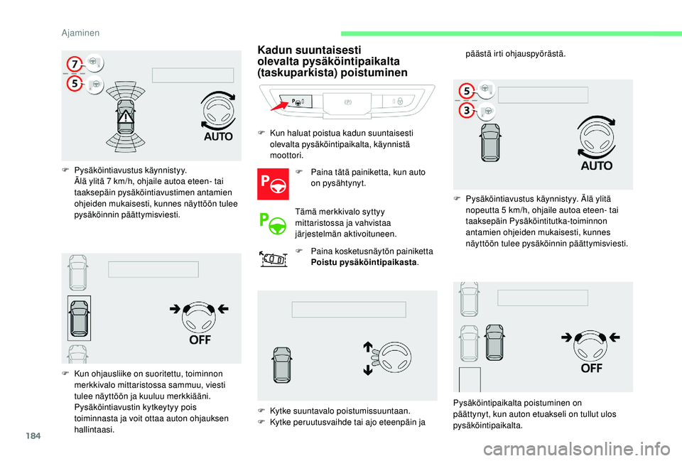 CITROEN C4 PICASSO 2021 Omistajan Käsikirjat (in Finnish) 184
F Pysäköintiavustus käynnistyy.Älä ylitä 7 km/h, ohjaile autoa eteen- tai
taaksepäin pysäköintiavustimen antamien
ohjeiden mukaisesti, kunnes näyttöön tulee
pysäköinnin päätty CITROEN C4 PICASSO 2021 Omistajan Käsikirjat (in Finnish) 184
F Pysäköintiavustus käynnistyy.Älä ylitä 7 km/h, ohjaile autoa eteen- tai
taaksepäin pysäköintiavustimen antamien
ohjeiden mukaisesti, kunnes näyttöön tulee
pysäköinnin päätty