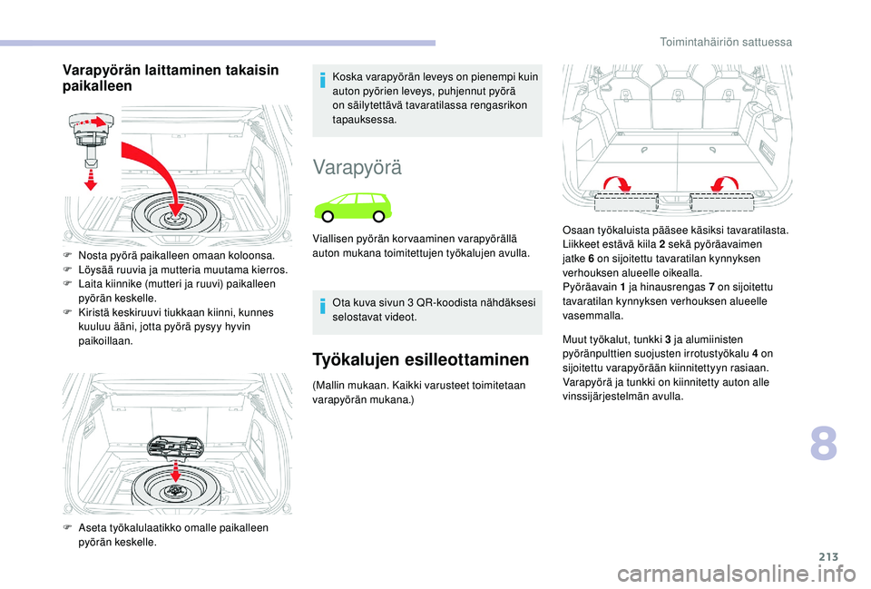 CITROEN C4 PICASSO 2021 Omistajan Käsikirjat (in Finnish) 213
Varapyörän laittaminen takaisin
paikalleenKoska varapyörän leveys on pienempi kuin
auton pyörien leveys, puhjennut pyörä
on säilytettävä tavaratilassa rengasrikon
tapauksessa.
F
N
CITROEN C4 PICASSO 2021 Omistajan Käsikirjat (in Finnish) 213
Varapyörän laittaminen takaisin
paikalleenKoska varapyörän leveys on pienempi kuin
auton pyörien leveys, puhjennut pyörä
on säilytettävä tavaratilassa rengasrikon
tapauksessa.
F
N