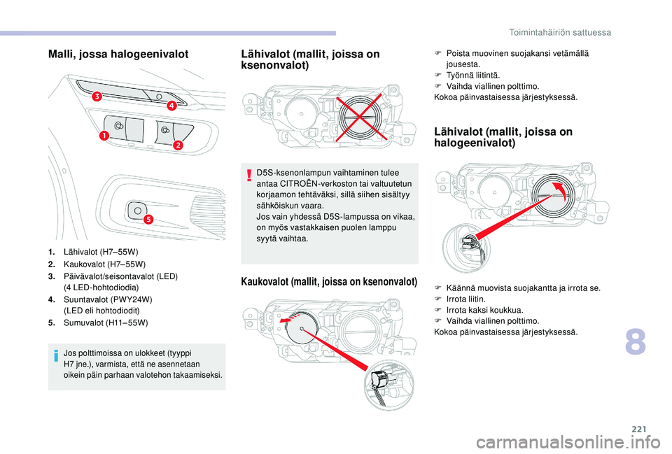 CITROEN C4 PICASSO 2021 Omistajan Käsikirjat (in Finnish) 221
Malli, jossa halogeenivalot
1.Lähivalot (H7–55W)
2. Kaukovalot (H7– 55W)
3. Päivävalot /seisontavalot (LED)
(4
LED-hohtodiodia)
4. Suuntavalot (PW Y24W)
(LED eli hohtodiodit)
5. Sumuvalo CITROEN C4 PICASSO 2021 Omistajan Käsikirjat (in Finnish) 221
Malli, jossa halogeenivalot
1.Lähivalot (H7–55W)
2. Kaukovalot (H7– 55W)
3. Päivävalot /seisontavalot (LED)
(4
LED-hohtodiodia)
4. Suuntavalot (PW Y24W)
(LED eli hohtodiodit)
5. Sumuvalo