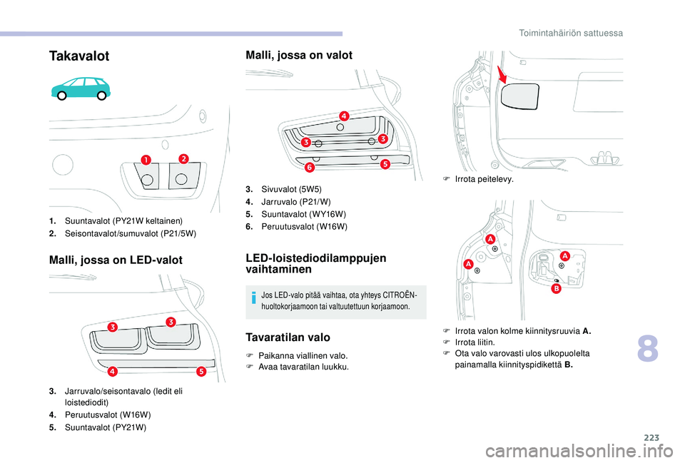 CITROEN C4 PICASSO 2021 Omistajan Käsikirjat (in Finnish) 223
Ta k a v a l o t
1.Suuntavalot (PY21W keltainen)
2. Seisontavalot/sumuvalot (P21/5W)
Malli, jossa on LED-valot
3.Jarruvalo/seisontavalo (ledit eli
loistediodit)
4. Peruutusvalot (W16W)
5. Suuntav CITROEN C4 PICASSO 2021 Omistajan Käsikirjat (in Finnish) 223
Ta k a v a l o t
1.Suuntavalot (PY21W keltainen)
2. Seisontavalot/sumuvalot (P21/5W)
Malli, jossa on LED-valot
3.Jarruvalo/seisontavalo (ledit eli
loistediodit)
4. Peruutusvalot (W16W)
5. Suuntav