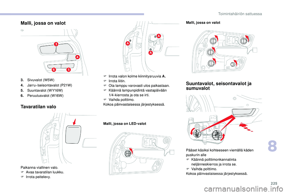 CITROEN C4 PICASSO 2021 Omistajan Käsikirjat (in Finnish) 225
3.Sivuvalot (W5W)
4. Jarru-/seisontavalot (P21W)
5. Suuntavalot (WY16W)
6. Peruutusvalot (W16W)
Tavaratilan valo
Malli, jossa on LED-valot
Suuntavalot, seisontavalot ja
sumuvalot
Malli, jossa on CITROEN C4 PICASSO 2021 Omistajan Käsikirjat (in Finnish) 225
3.Sivuvalot (W5W)
4. Jarru-/seisontavalot (P21W)
5. Suuntavalot (WY16W)
6. Peruutusvalot (W16W)
Tavaratilan valo
Malli, jossa on LED-valot
Suuntavalot, seisontavalot ja
sumuvalot
Malli, jossa on
