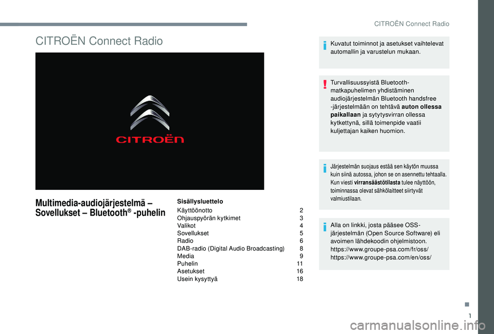 CITROEN C4 PICASSO 2021  Omistajan Käsikirjat (in Finnish) 1
CITROËN Connect Radio
Multimedia-audiojärjestelmä – 
Sovellukset – Bluetooth® -puhelin
Sisällysluettelo
Käyttöönotto  
2
O

hjauspyörän kytkimet   
3
V

alikot   
4
S

ovellukset   
5
