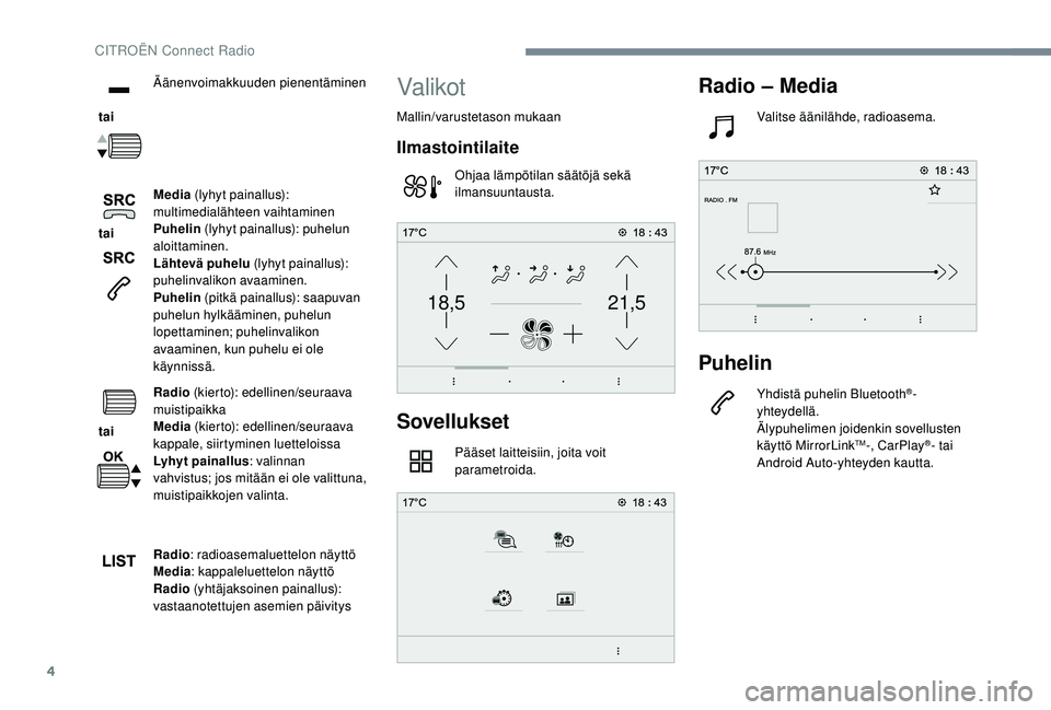 CITROEN C4 PICASSO 2021 Omistajan Käsikirjat (in Finnish) 4
21,518,5
tai Äänenvoimakkuuden pienentäminen
tai Media
(lyhyt painallus):
multimedialähteen vaihtaminen
Puhelin (lyhyt painallus): puhelun
aloittaminen.
Lähtevä puhelu (lyhyt painallus CITROEN C4 PICASSO 2021 Omistajan Käsikirjat (in Finnish) 4
21,518,5
tai Äänenvoimakkuuden pienentäminen
tai Media
(lyhyt painallus):
multimedialähteen vaihtaminen
Puhelin (lyhyt painallus): puhelun
aloittaminen.
Lähtevä puhelu (lyhyt painallus