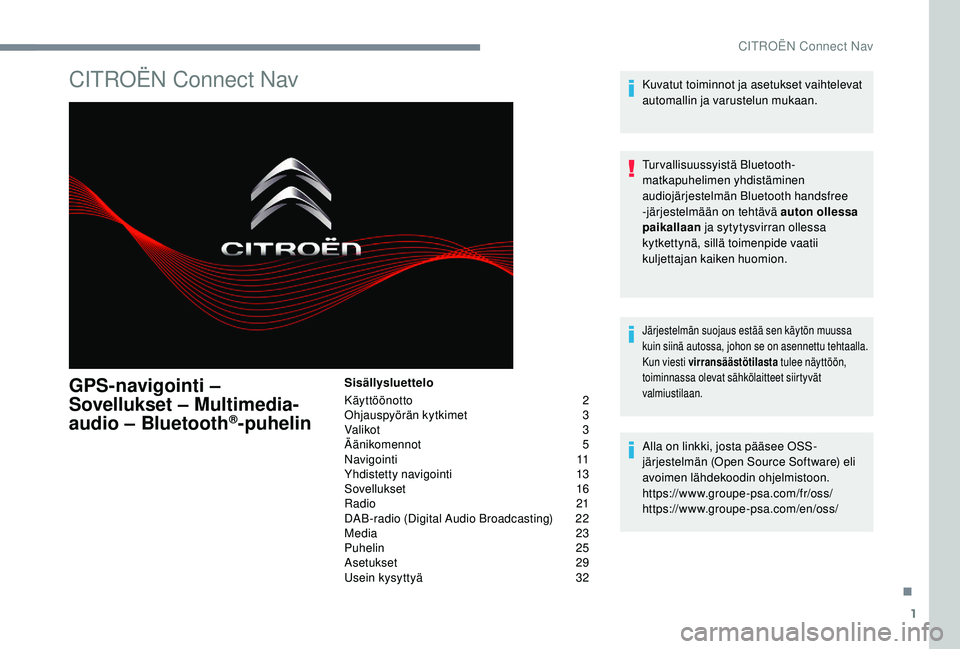 CITROEN C4 PICASSO 2021 Omistajan Käsikirjat (in Finnish) 1
CITROËN Connect Nav
GPS-navigointi –
Sovellukset – Multimedia-
audio – Bluetooth
®-puhelin
Sisällysluettelo
Käyttöönotto
2
O
hjauspyörän kytkimet
3
V
alikot
3
Ä
änikomenn CITROEN C4 PICASSO 2021 Omistajan Käsikirjat (in Finnish) 1
CITROËN Connect Nav
GPS-navigointi –
Sovellukset – Multimedia-
audio – Bluetooth
®-puhelin
Sisällysluettelo
Käyttöönotto
2
O
hjauspyörän kytkimet
3
V
alikot
3
Ä
änikomenn