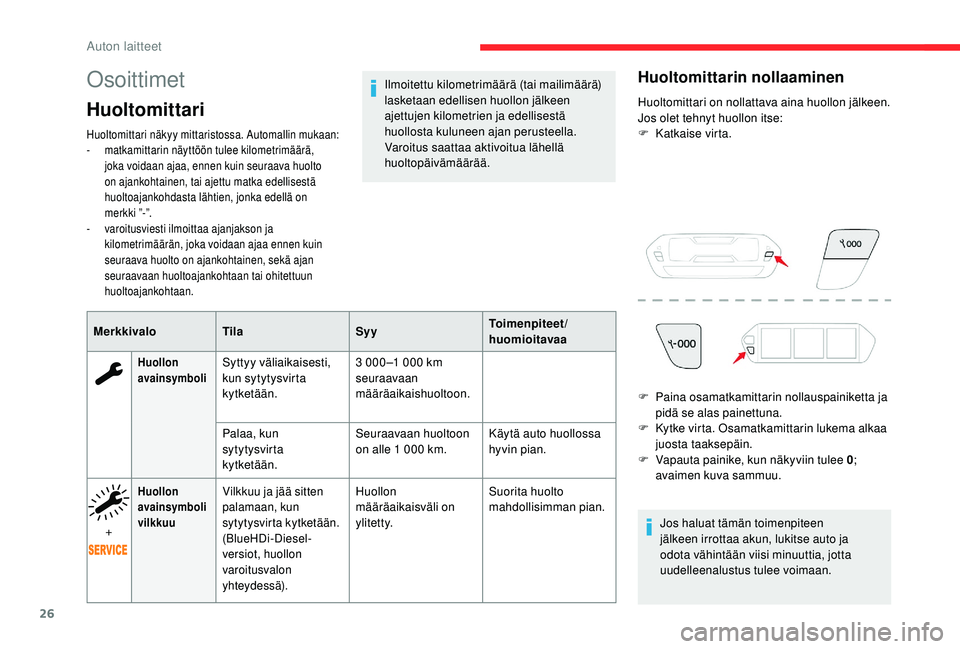 CITROEN C4 PICASSO 2021  Omistajan Käsikirjat (in Finnish) 26
Osoittimet
Huoltomittari
Huoltomittari näkyy mittaristossa. Automallin mukaan:
- matkamittarin näyttöön tulee kilometrimäärä, 
joka voidaan ajaa, ennen kuin seuraava huolto 
on ajankohtainen
