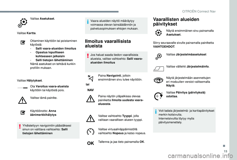 CITROEN C4 PICASSO 2021 Omistajan Käsikirjat (in Finnish) 15
Valitse Asetukset.
Valitse Kartta .
Ottaminen käyttöön tai poistaminen
käytöstä:
-
S
alli vaara-alueiden ilmoitus
-
O
pastus lopulliseen
kohteeseen jalkaisin
-
Sa
lli tietojen läh CITROEN C4 PICASSO 2021 Omistajan Käsikirjat (in Finnish) 15
Valitse Asetukset.
Valitse Kartta .
Ottaminen käyttöön tai poistaminen
käytöstä:
-
S
alli vaara-alueiden ilmoitus
-
O
pastus lopulliseen
kohteeseen jalkaisin
-
Sa
lli tietojen läh