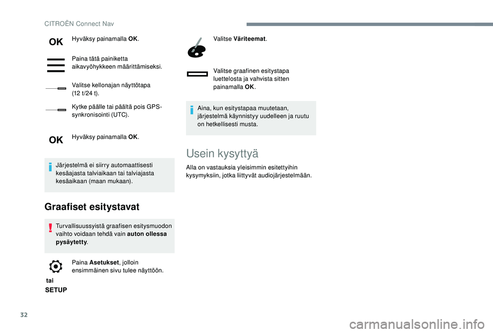 CITROEN C4 PICASSO 2021 Omistajan Käsikirjat (in Finnish) 32
Hyväksy painamalla OK.
Paina tätä painiketta
aikavyöhykkeen määrittämiseksi.
Valitse kellonajan näyttötapa
(12 t /24 t).
Kytke päälle tai päältä pois GPS-
synkronisointi (UTC).
H CITROEN C4 PICASSO 2021 Omistajan Käsikirjat (in Finnish) 32
Hyväksy painamalla OK.
Paina tätä painiketta
aikavyöhykkeen määrittämiseksi.
Valitse kellonajan näyttötapa
(12 t /24 t).
Kytke päälle tai päältä pois GPS-
synkronisointi (UTC).
H