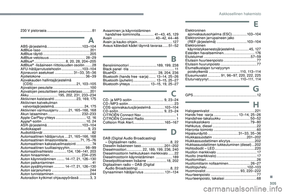 CITROEN C4 PICASSO 2021 Omistajan Käsikirjat (in Finnish) 305
230 V pistorasia ..............................................81
A BS-järjestelmä
.................................... 103 –104
AdBlue-taso
..............................
............... CITROEN C4 PICASSO 2021 Omistajan Käsikirjat (in Finnish) 305
230 V pistorasia ..............................................81
A BS-järjestelmä
.................................... 103 –104
AdBlue-taso
..............................
...............