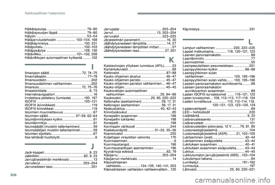 CITROEN C4 PICASSO 2021  Omistajan Käsikirjat (in Finnish) 306
Häikäisysuoja ........................................... 79 – 80
Häikäisysuojan läppä  ...............................79 – 80
Hälytin
 

...............................................