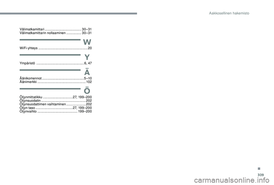 CITROEN C4 PICASSO 2021  Omistajan Käsikirjat (in Finnish) 309
Välimatkamittari ....................................... 3 0 – 31
Välimatkamittarin nollaaminen  ................3 0 – 31
WiFi-yhteys
 

.....................................................