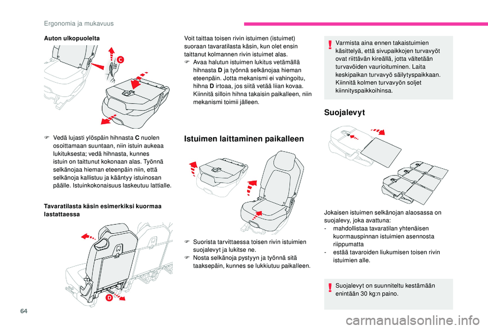 CITROEN C4 PICASSO 2021 Omistajan Käsikirjat (in Finnish) 64
Auton ulkopuolelta
Tavaratilasta käsin esimerkiksi kuormaa
lastattaessa F
V
edä lujasti ylöspäin hihnasta C nuolen
osoittamaan suuntaan, niin istuin aukeaa
lukituksesta; vedä hihnasta, ku CITROEN C4 PICASSO 2021 Omistajan Käsikirjat (in Finnish) 64
Auton ulkopuolelta
Tavaratilasta käsin esimerkiksi kuormaa
lastattaessa F
V
edä lujasti ylöspäin hihnasta C nuolen
osoittamaan suuntaan, niin istuin aukeaa
lukituksesta; vedä hihnasta, ku