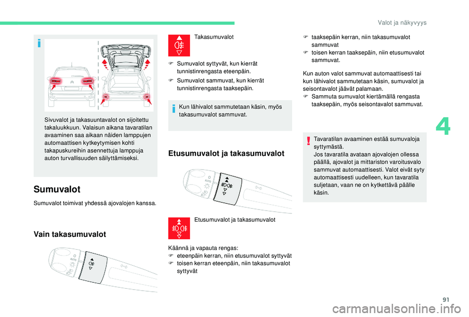 CITROEN C4 PICASSO 2021 Omistajan Käsikirjat (in Finnish) 91
Sumuvalot
Sumuvalot toimivat yhdessä ajovalojen kanssa.
Vain takasumuvalot
Takasumuvalot
F
S
umuvalot syttyvät, kun kierrät
tunnistinrengasta eteenpäin.
F
S
umuvalot sammuvat, kun kierr CITROEN C4 PICASSO 2021 Omistajan Käsikirjat (in Finnish) 91
Sumuvalot
Sumuvalot toimivat yhdessä ajovalojen kanssa.
Vain takasumuvalot
Takasumuvalot
F
S
umuvalot syttyvät, kun kierrät
tunnistinrengasta eteenpäin.
F
S
umuvalot sammuvat, kun kierr