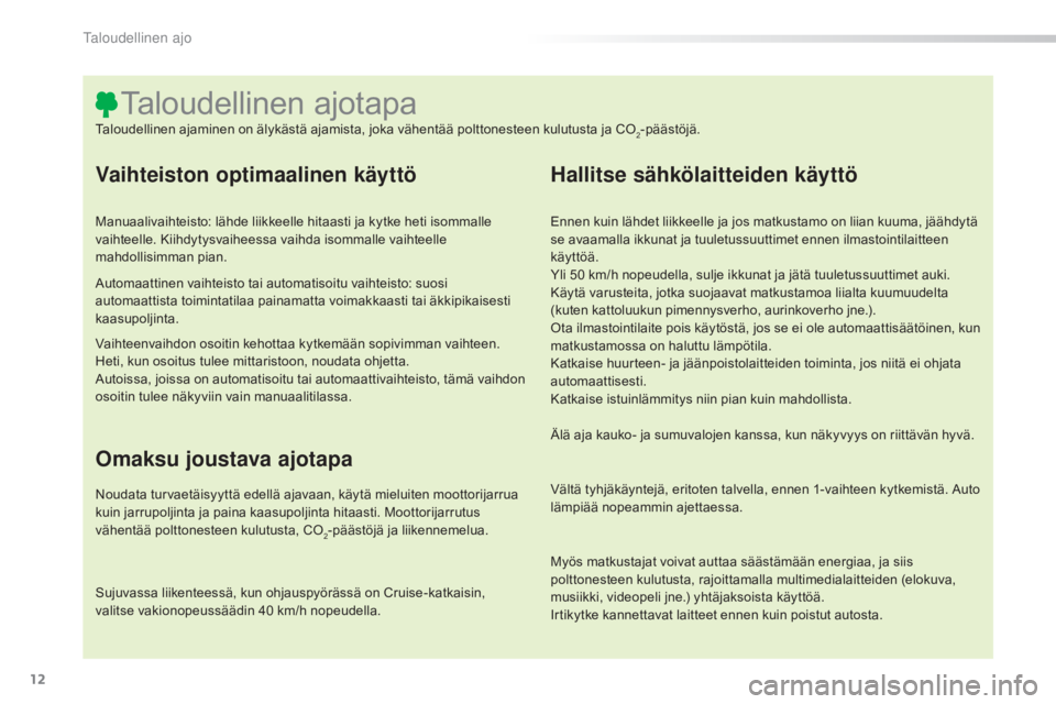 CITROEN C5 2016 Omistajan Käsikirjat (in Finnish) 12
C5_fi_Chap00c_eco-conduite_ed01-2015
Vaihteiston optimaalinen käyttö
Manuaalivaihteisto: lähde liikkeelle hitaasti ja kytke heti isommalle
vaihteelle. Kiihdytysvaiheessa vaihda isommalle vaihte CITROEN C5 2016 Omistajan Käsikirjat (in Finnish) 12
C5_fi_Chap00c_eco-conduite_ed01-2015
Vaihteiston optimaalinen käyttö
Manuaalivaihteisto: lähde liikkeelle hitaasti ja kytke heti isommalle
vaihteelle. Kiihdytysvaiheessa vaihda isommalle vaihte