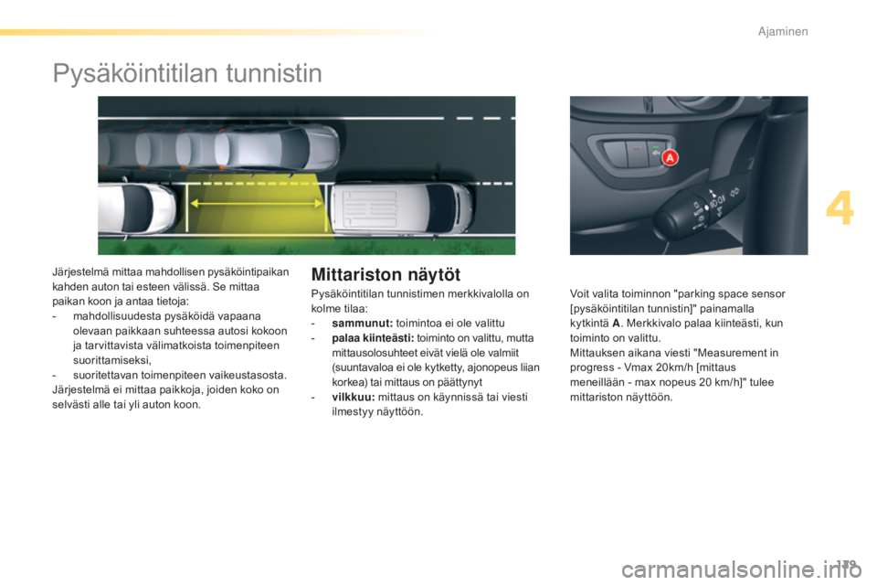 CITROEN C5 2016  Omistajan Käsikirjat (in Finnish) 129
C5_fi_Chap04_conduite_ed01-2015
Pysäköintitilan tunnistin
Järjestelmä mittaa mahdollisen pysäköintipaikan 
kahden auton tai esteen välissä. Se mittaa 
paikan koon ja antaa tietoja:
-
 ma
h