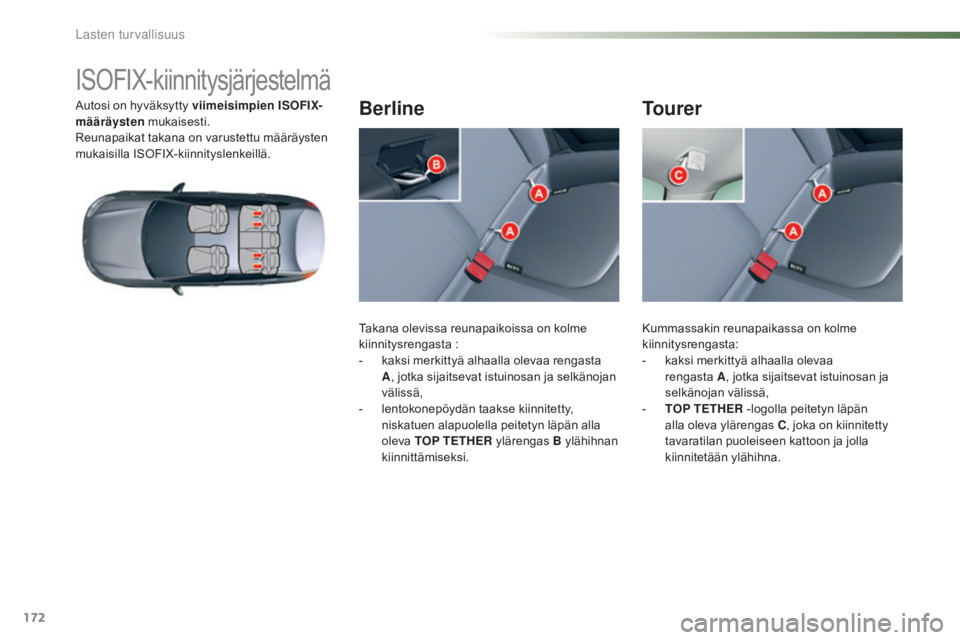CITROEN C5 2016  Omistajan Käsikirjat (in Finnish) 172
C5_fi_Chap07_securite-enfant_ed01-2015
ISOFIX-kiinnitysjärjestelmä
Autosi on hyväksytty viimeisimpien ISOFIX-
määräysten mukaisesti.
Reunapaikat takana on varustettu määräysten 
mukaisill