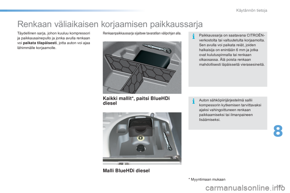 CITROEN C5 2016  Omistajan Käsikirjat (in Finnish) 181
C5_fi_Chap08_information_ed01-2015
Renkaan väliaikaisen korjaamisen paikkaussarja
Renkaanpaikkaussarja sijaitsee tavaratilan välipohjan alla.Täydellinen sarja, johon kuuluu kompressori 
ja paik